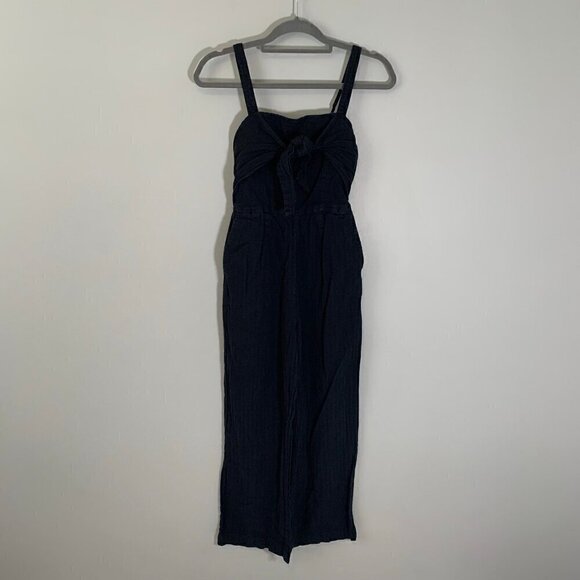 Abercrombie & Fitch black linen cotton blend smocked bodice strappy jumpsuit - Picture 1 of 12